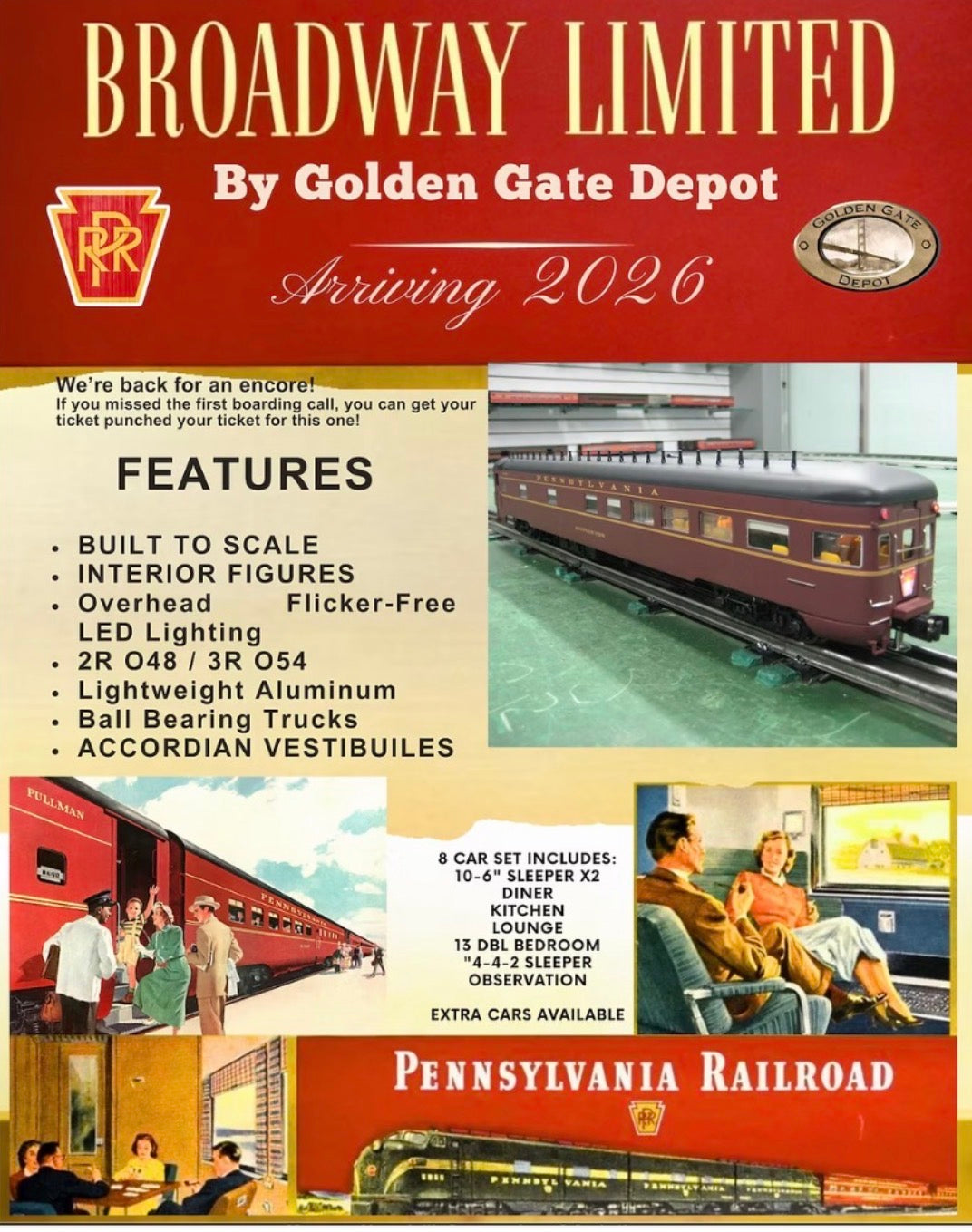 Golden Gate Depot O Scale Pennsylvania Broadway Limited (Encore) – 3-Rail 8 Car Set