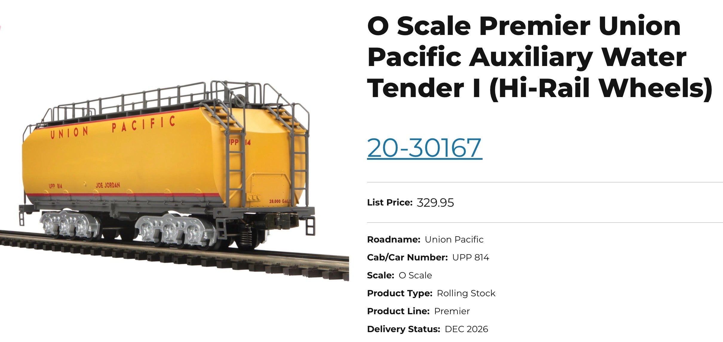 O Scale Premier Union Pacific Auxiliary Water Tender I (Hi-Rail Wheels)