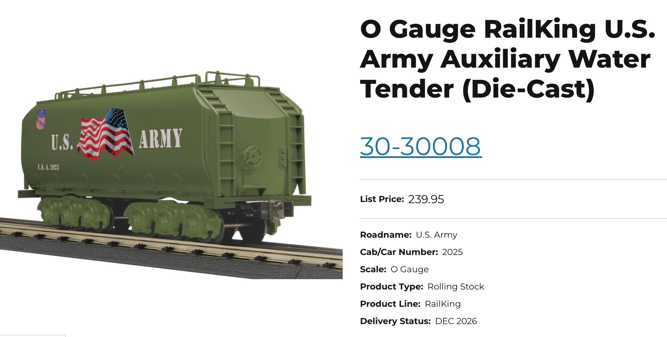 O Gauge RailKing U.S. Army Auxiliary Water Tender (Die-Cast)